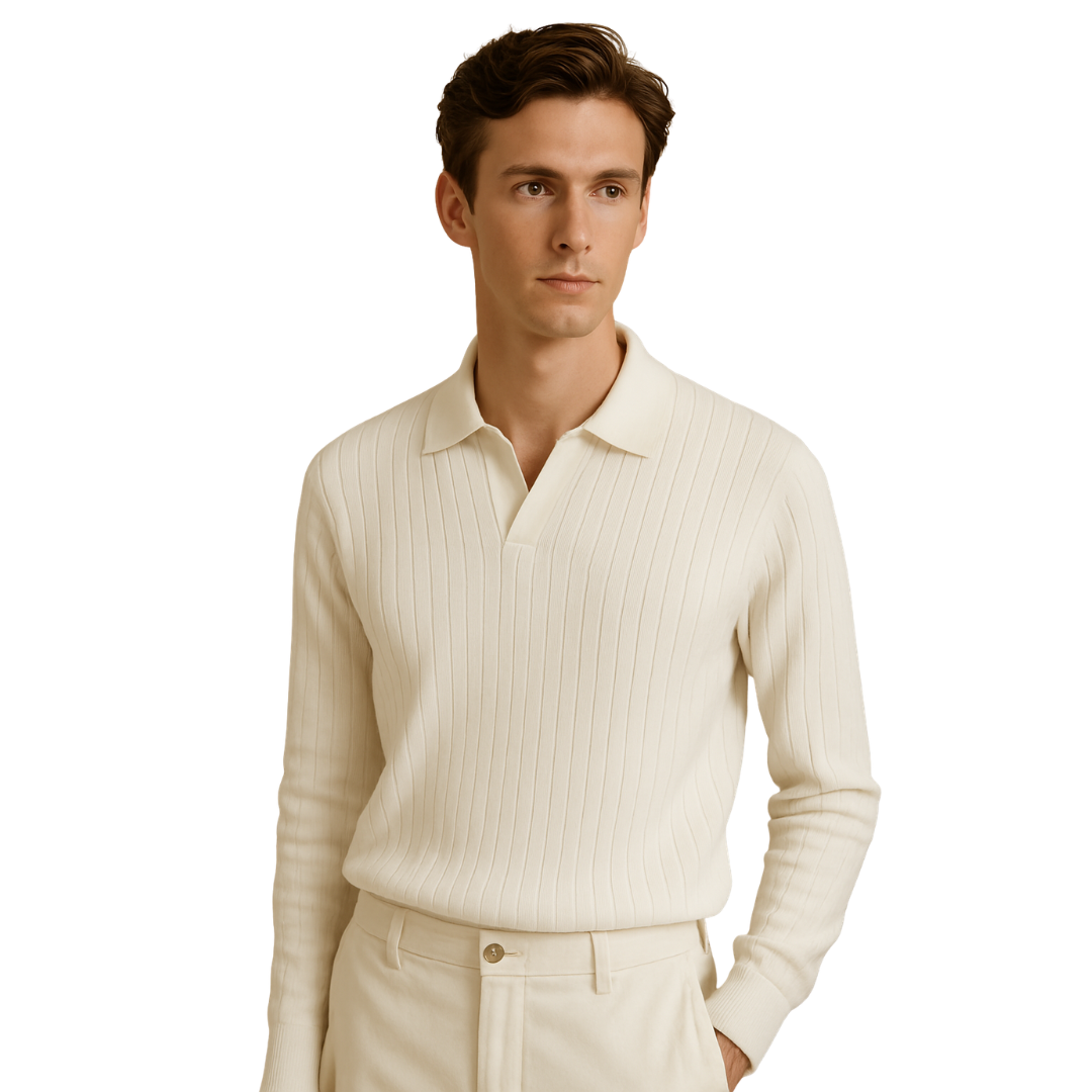 Herre Stribet Langærmet Poloshirt | Klassisk Pasform
