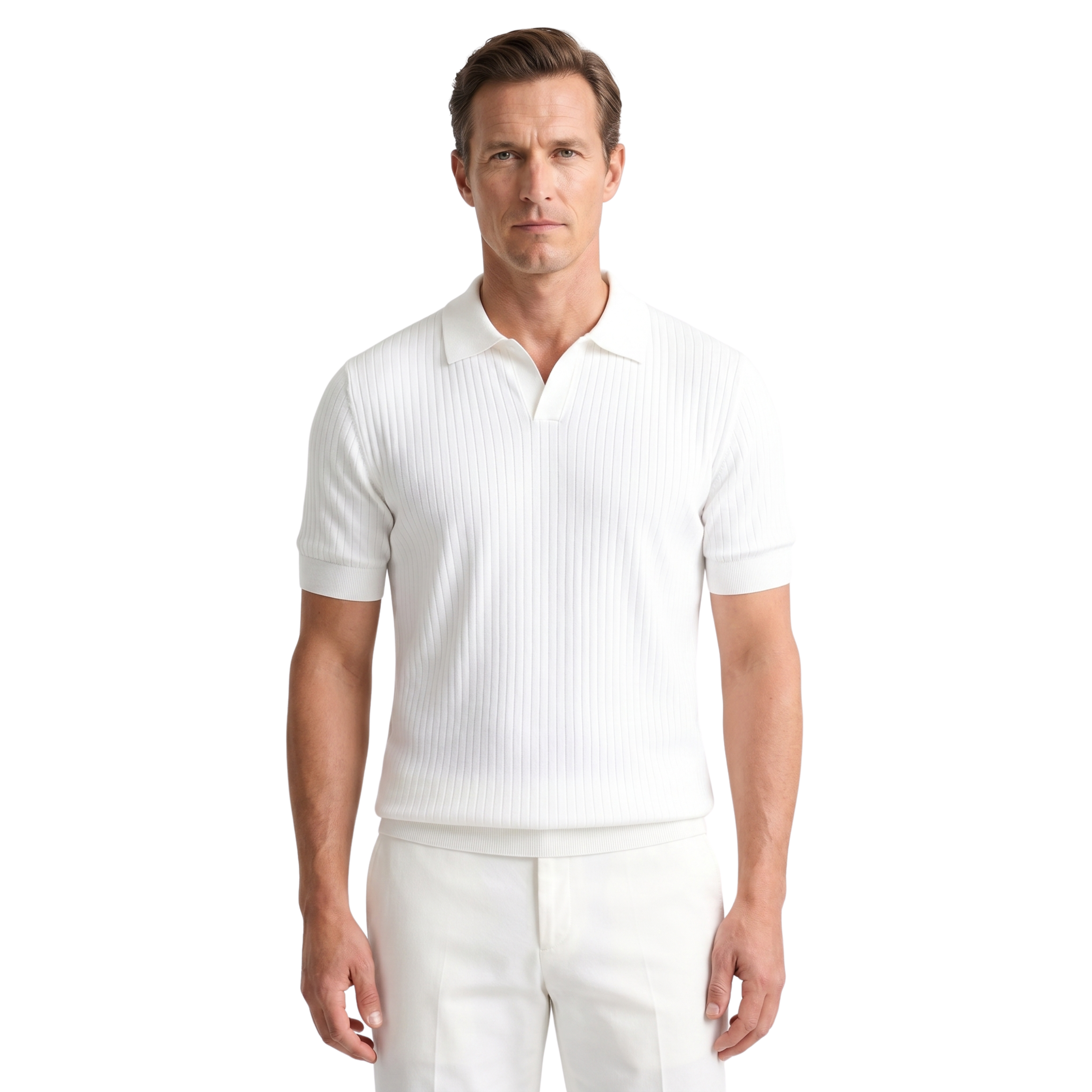 Herre Ribbstrikket Poloshirt med Åben Krave | Klassisk Pasform