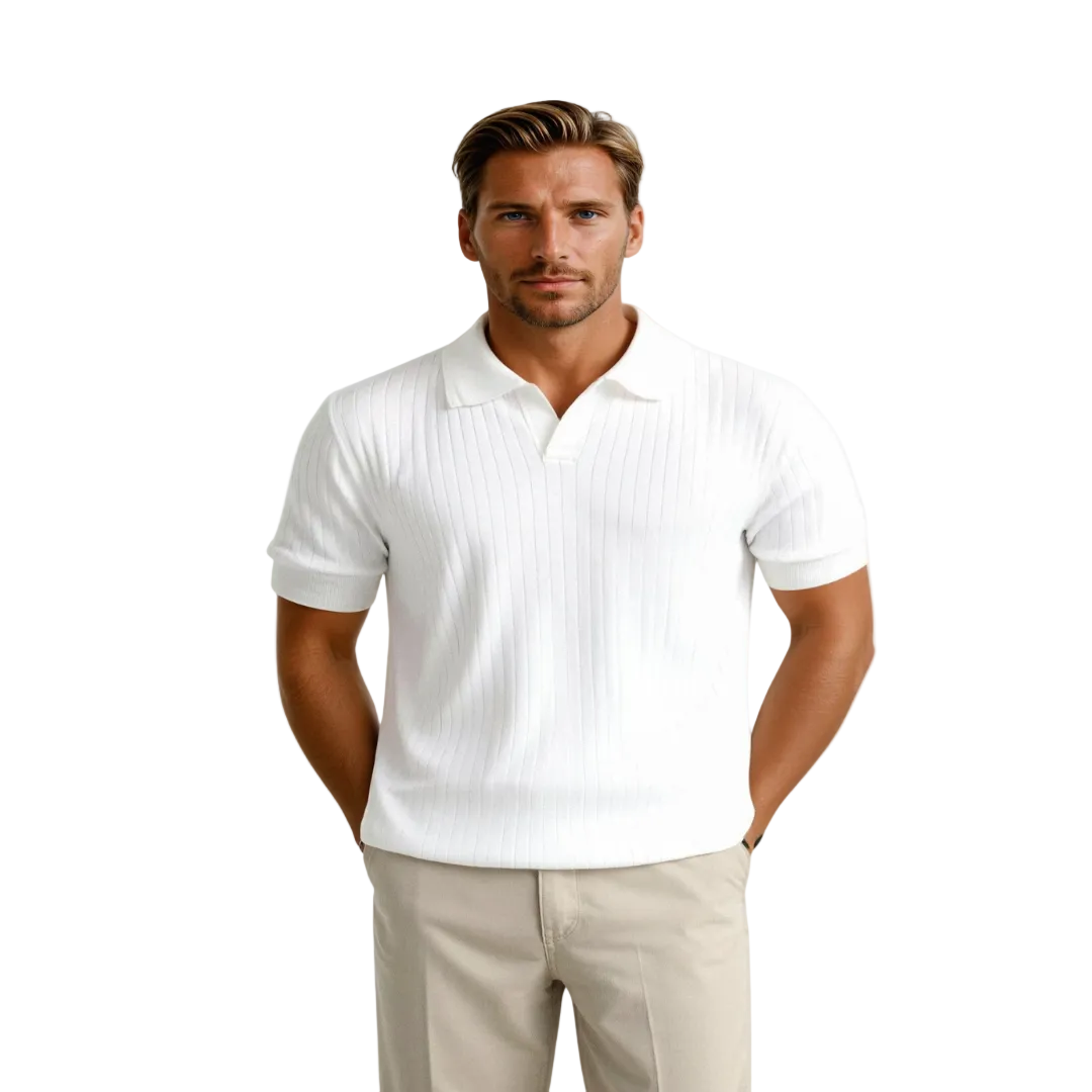 Herre Ribbstrikket Poloshirt med Åben Krave | Klassisk Pasform