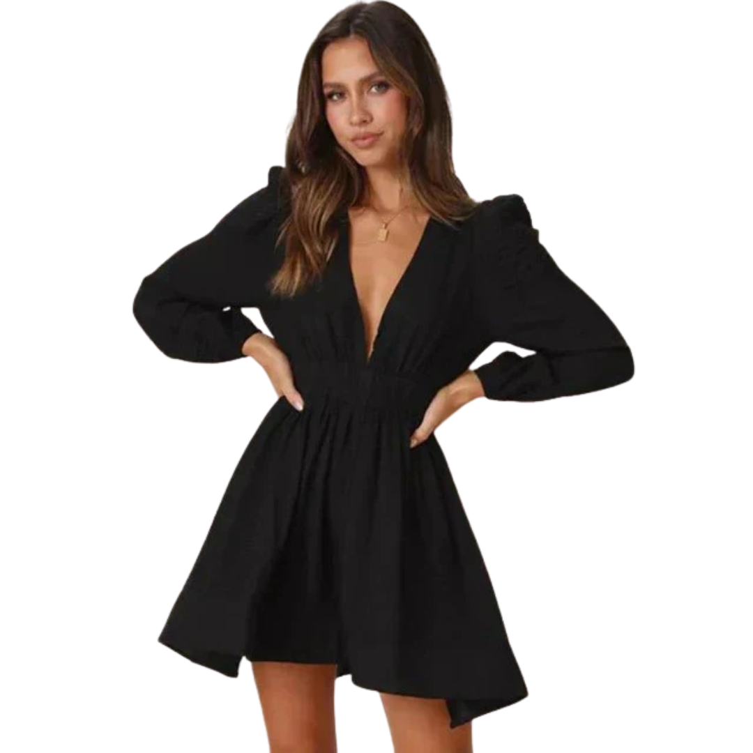 Dame Sort Minikjole med Dyb V-hals | Pufærmer