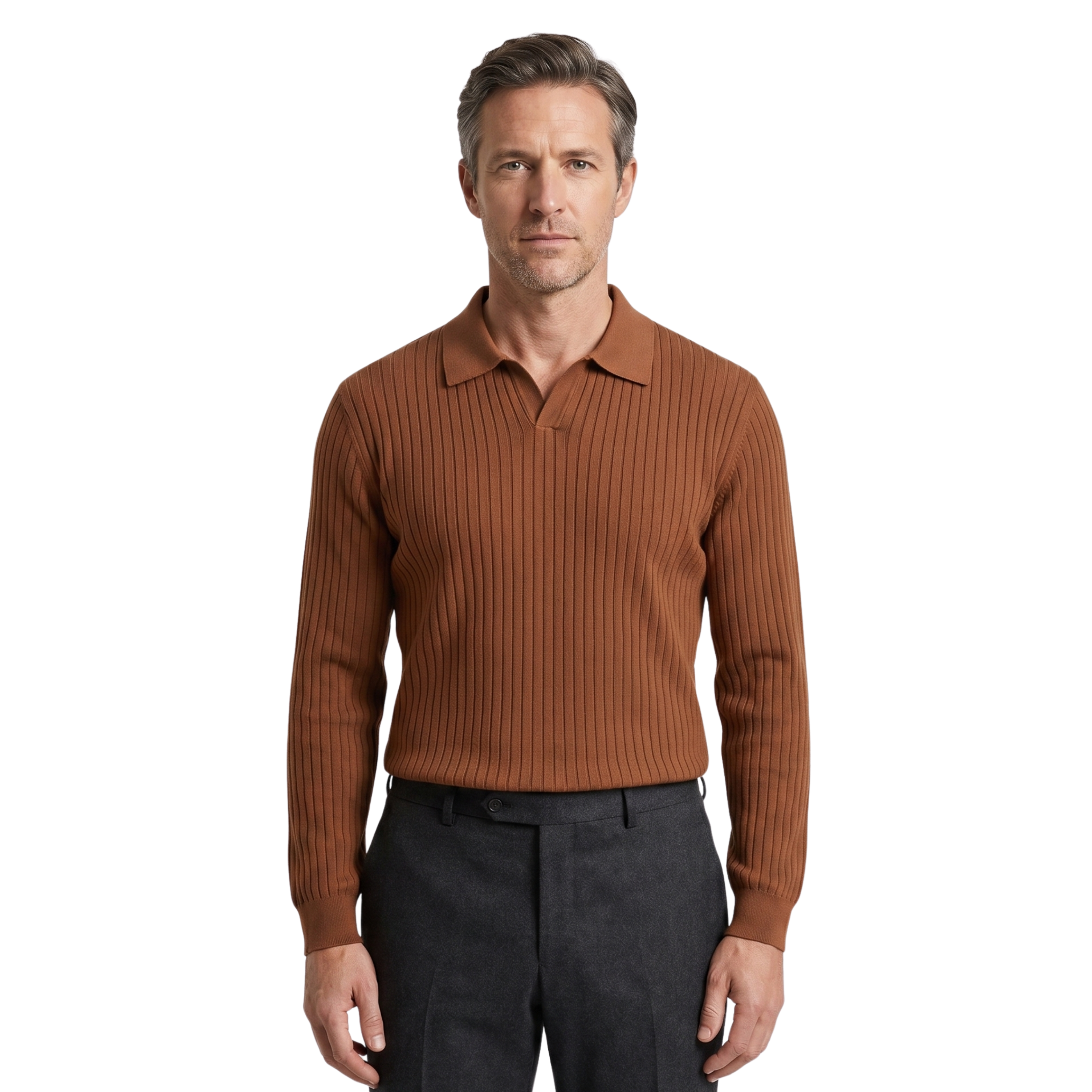 Herre Stribet Langærmet Poloshirt | Klassisk Pasform